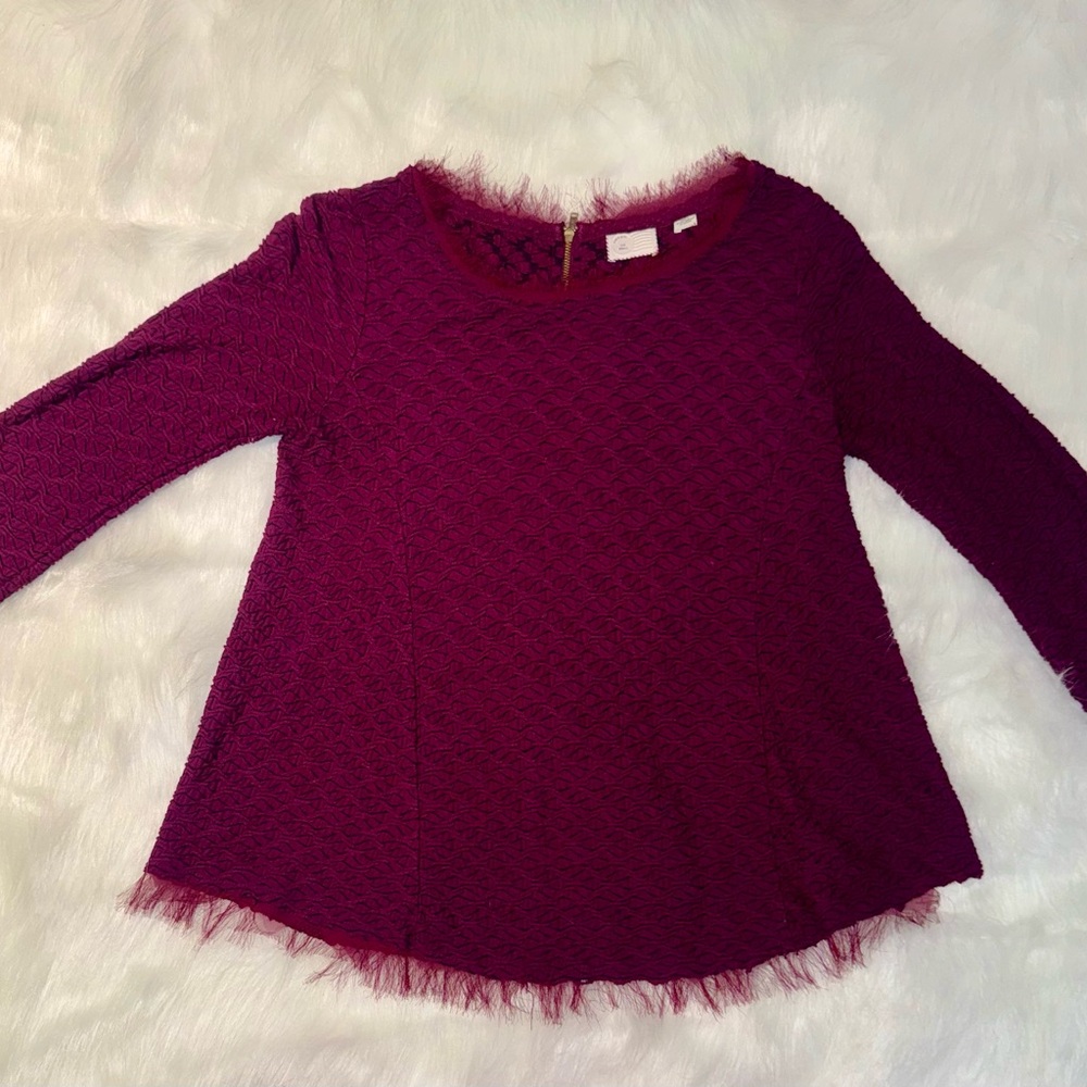 Anthropologie Burgundy Textured 3/4 Sleeve Blouse
